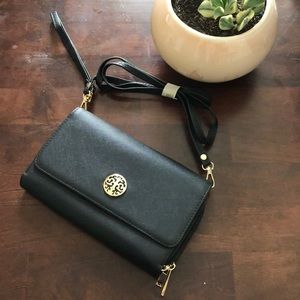 Black Vegan Saffiano Crossbody Clutch • Gold Hardware • Wristlet Strap